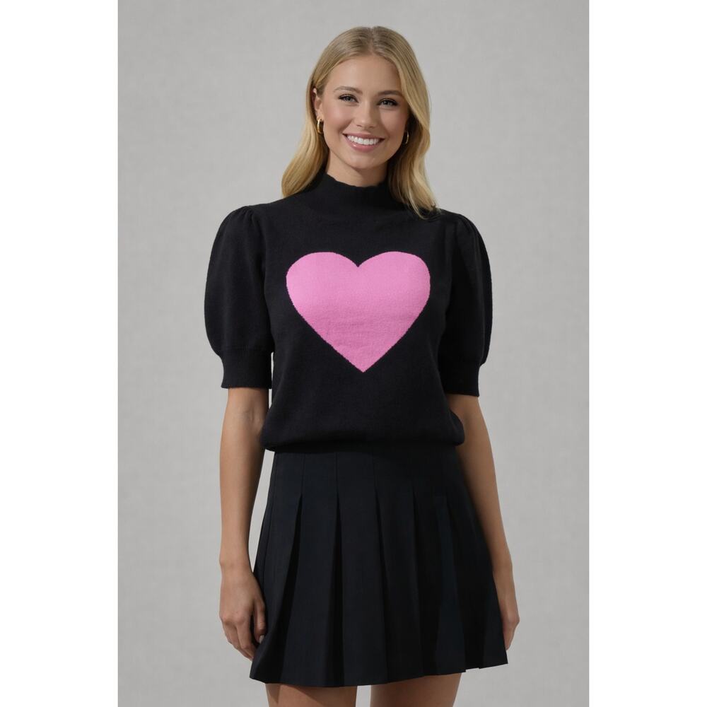 Sugarlips Black Puff Sleeve Pink Heart Knit Sweater Preppy Coquette Top NWT